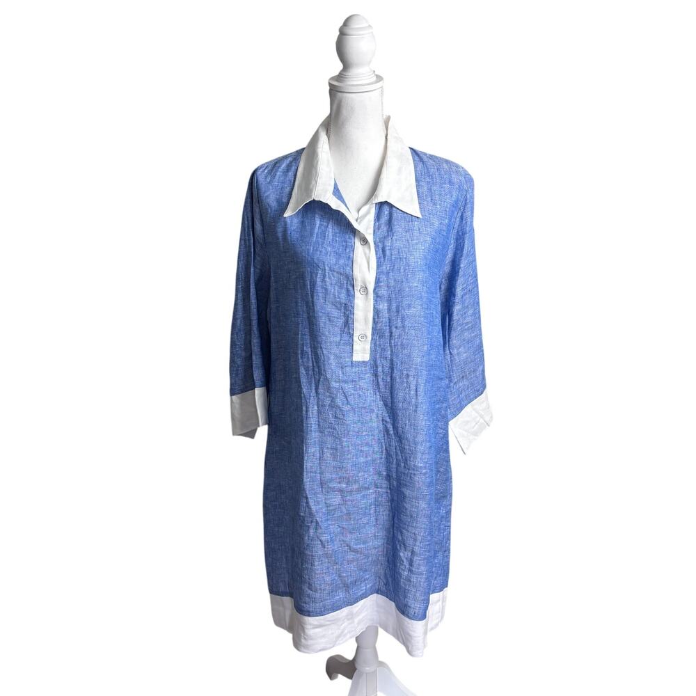 Karen Kane Linen Shirt Dress Blue White Striped Boxy Fit Women’s L